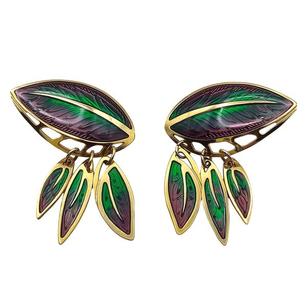 Berebi Enamel Leaf Drop Earrings Purple Green Pierced Gold Tone - Picture 5 of 10